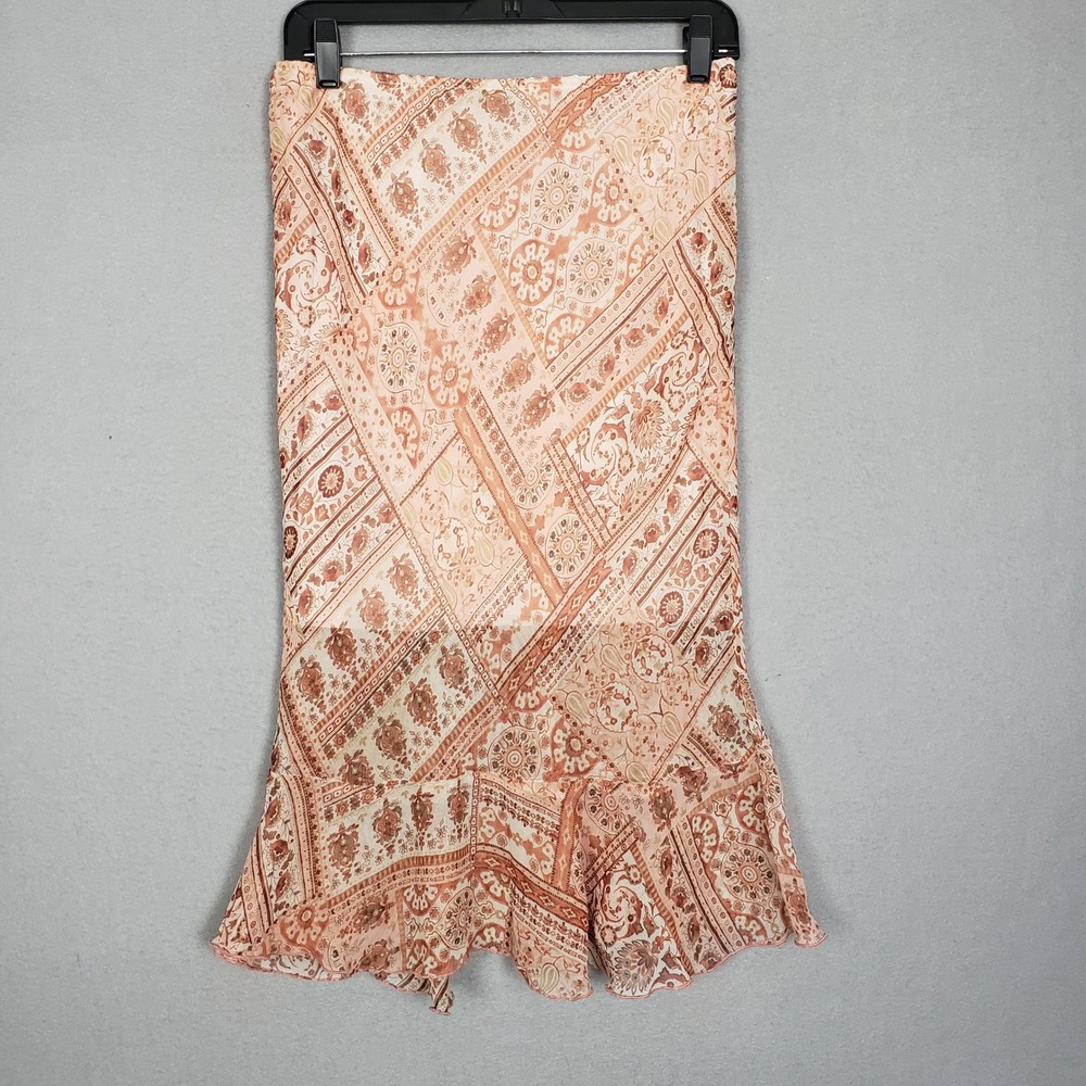 Y2K Size M Flare Bottom Midi Skirt Pink Cream Paisley‎ Prairie Edwardian Fairy